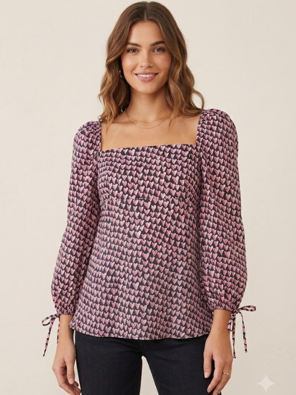 Barneys New York 3/4 Sleeve Heart Print Pattern Fitted Shirt Blouse Top IT 34